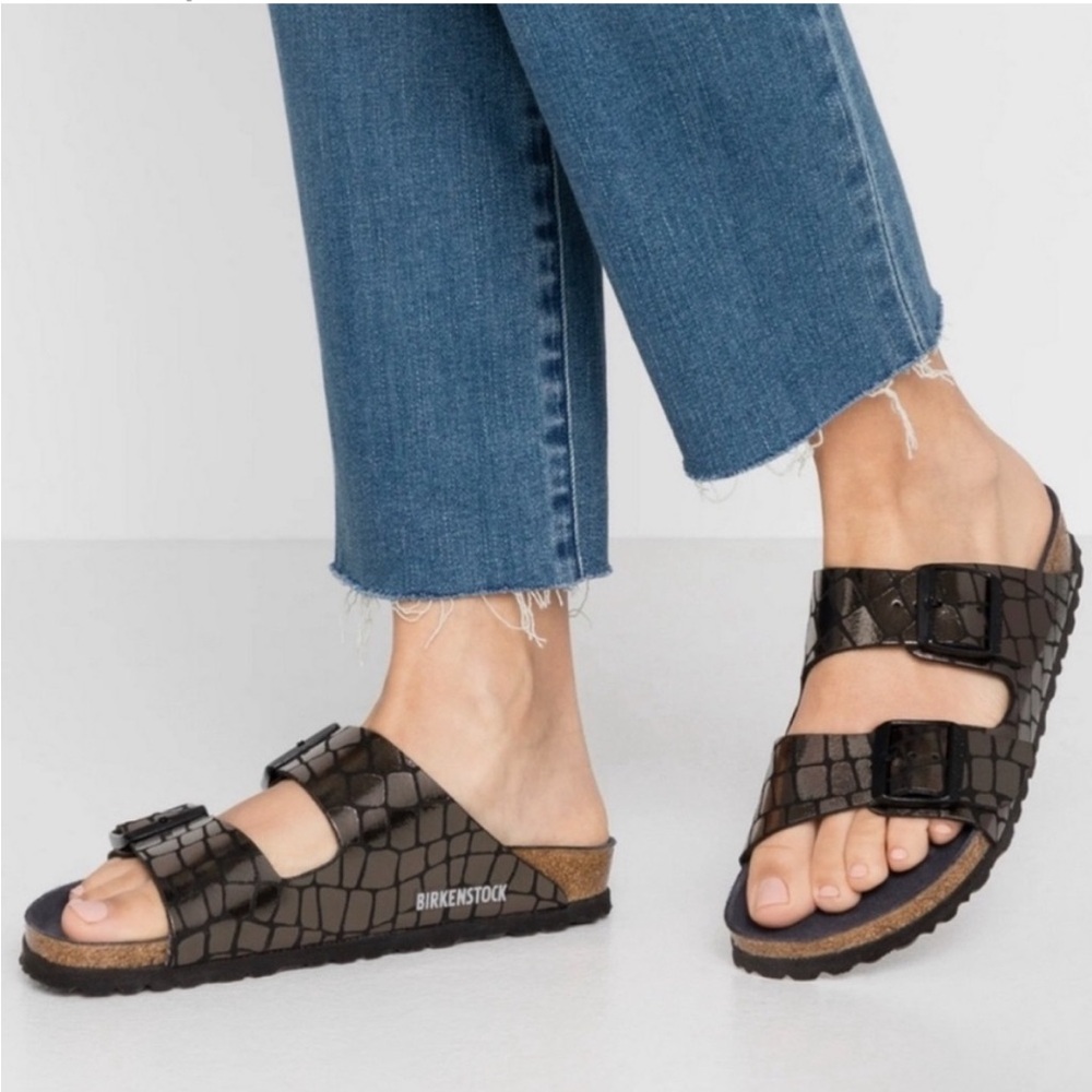 Birkenstock Black Croc-Embossed Sandals